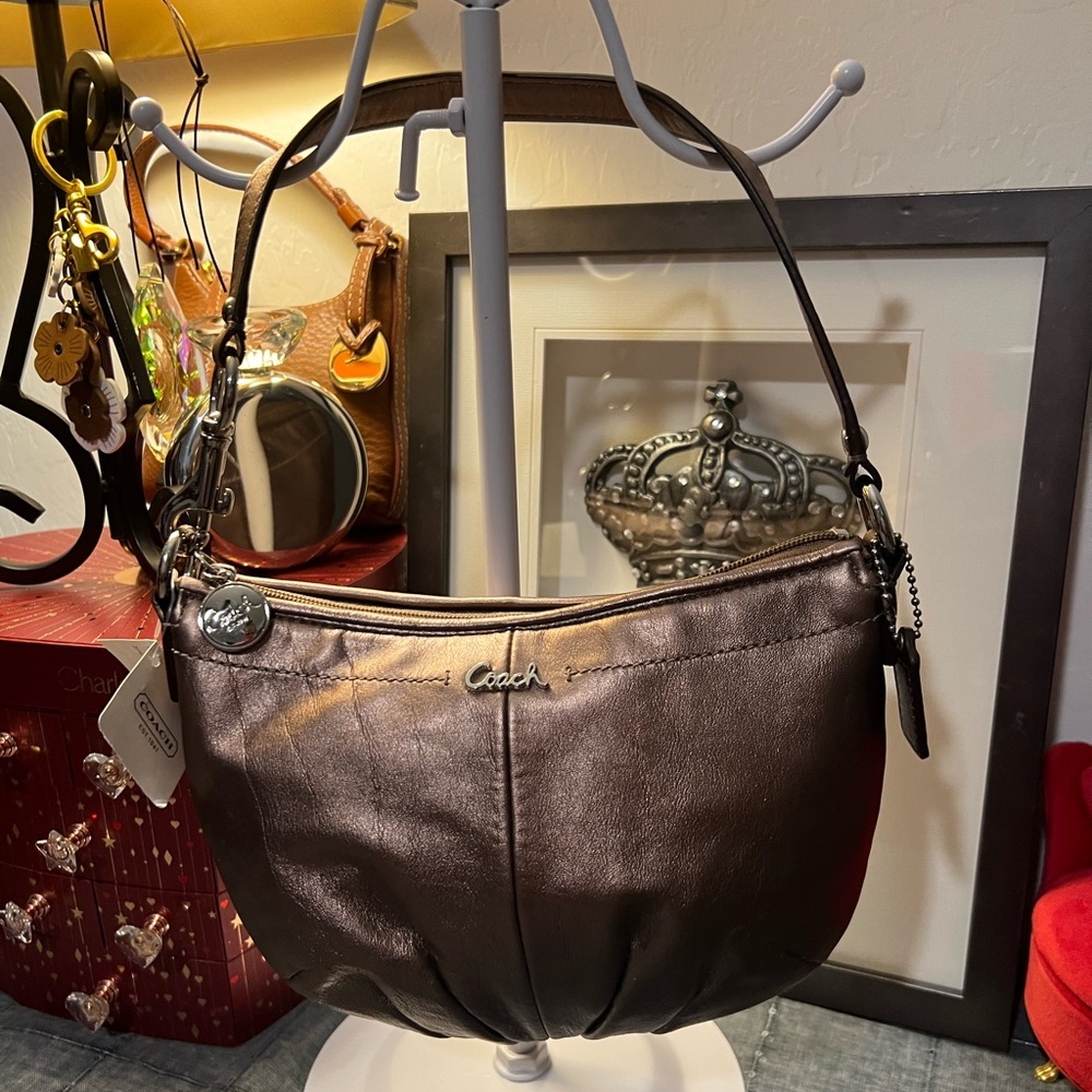 Coach Ashley Small Metallic Leather Brown/Bronze Pleated Shoulder Bag
